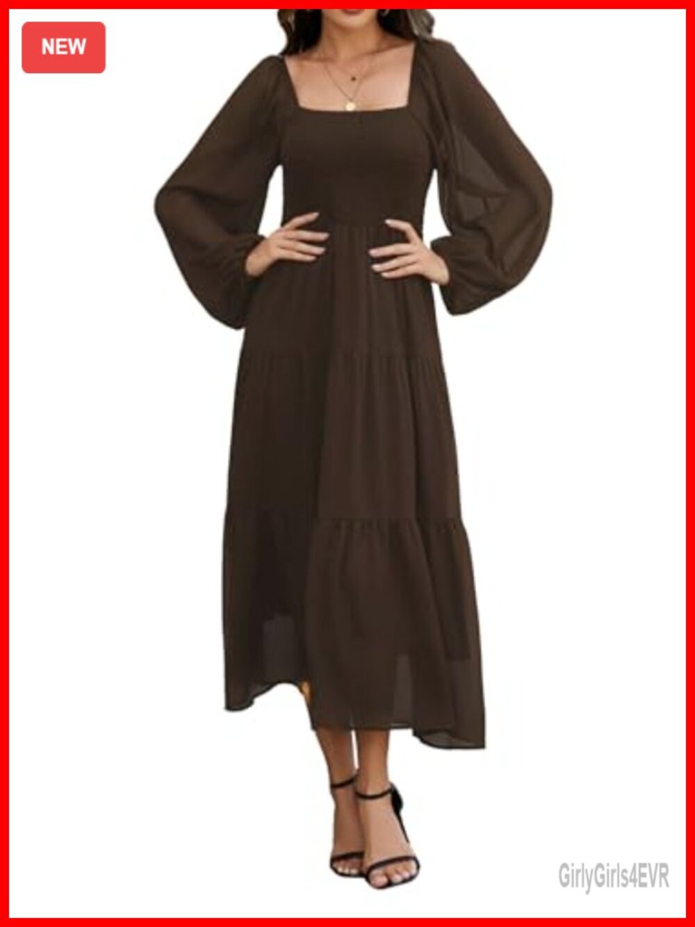 Boho Maxi Dress Sheer Puff Sleeve Smocked Square Neck Tiered Flowy Chiffon